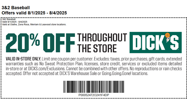 Shop Weekend at Dick's Sports August 1-4 20% Off Any Purchase